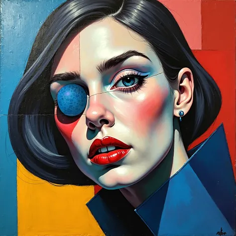 Cubist style artwork in oil with bright colors of a close up of a woman's head with an eye patch