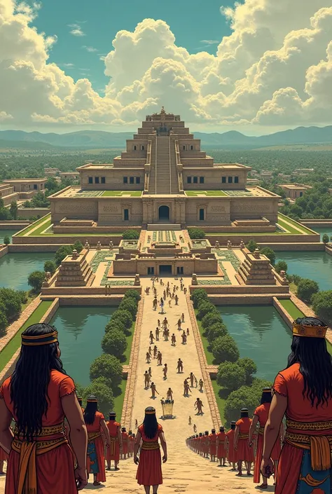 Make a comic with the following information
Title: "The End of an Empire"
Page 1
Vignette 1: Plano general de Tenochtitlán e...