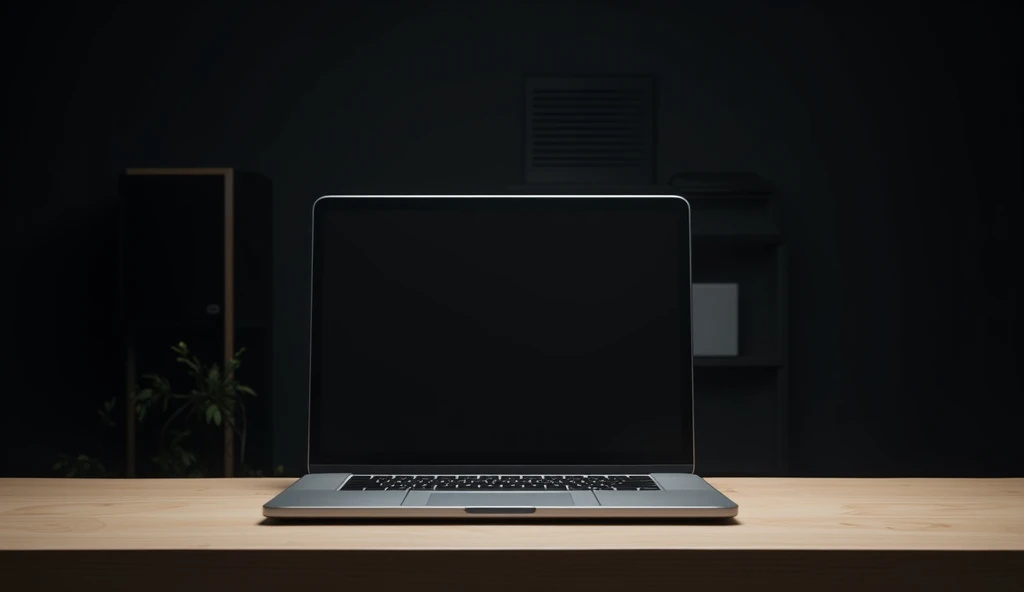 Sleek silver laptop placed on a wooden desk with a dark background, perfect for representing productivity, technology, and works...