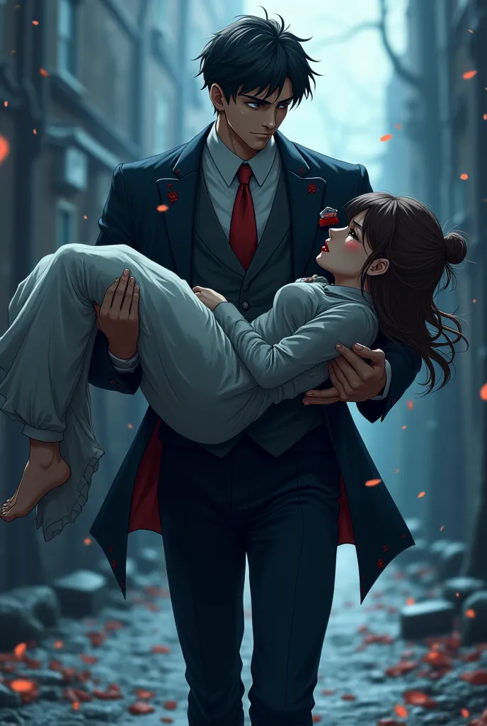 Anime man carrying unconscious woman in bridal style, his suit is teared off a bit and , he was walking..with deadly eyes 