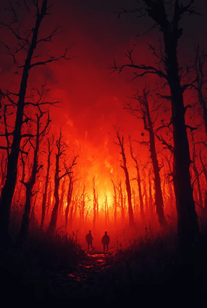 Wysoko Kachestvo,  8K Ultra HD, a burning forest with a black sky and visual in the style of the animated series Arcane
