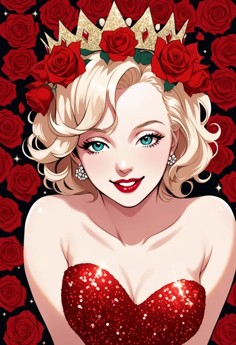 Marilyn Monroe dressed in red roses and a glitter crown like a queen with long hair