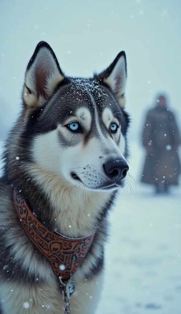 "A cinematic close-up of a Siberian Husky dog in the frozen Viking land. The dog is characterized by its thick fur and sharp blu...