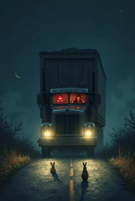 A large truck sways dangerously on a dark road at night. The driver, a drunk man with red, unfocused eyes, struggles to control ...