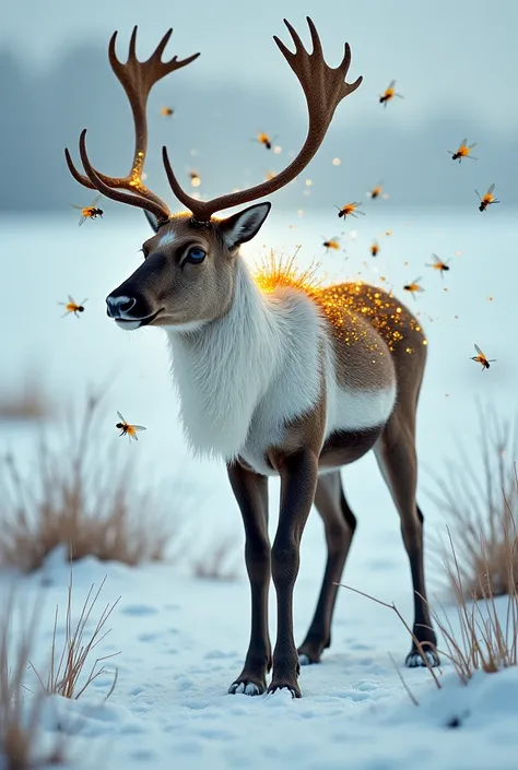 A lone reindeer stands in the frozen wilderness, his fur a mix of earthy browns and frosty whites. His eyes, filled with determi...