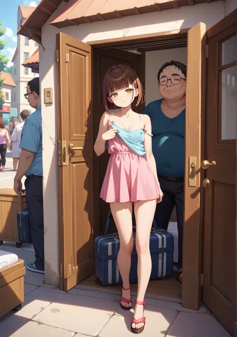 nsfw,girl,glamorous,straight hair,brown hair,brown eyes,One breast is coming out,One nipple is coming out,open the door,entrance...