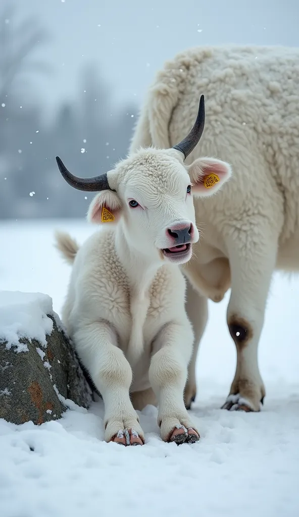 The white calf slips and falls onto a snowy rock, looking scared and hurt. Snowflakes are falling, and the calf lies in the snow...