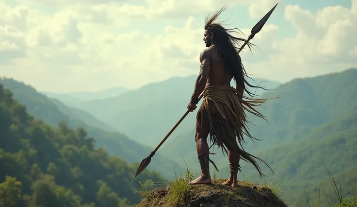A close-up cinematic style
A proud Naga tribal warrior stands on a mountain peak, overlooking his land. His spear is planted...