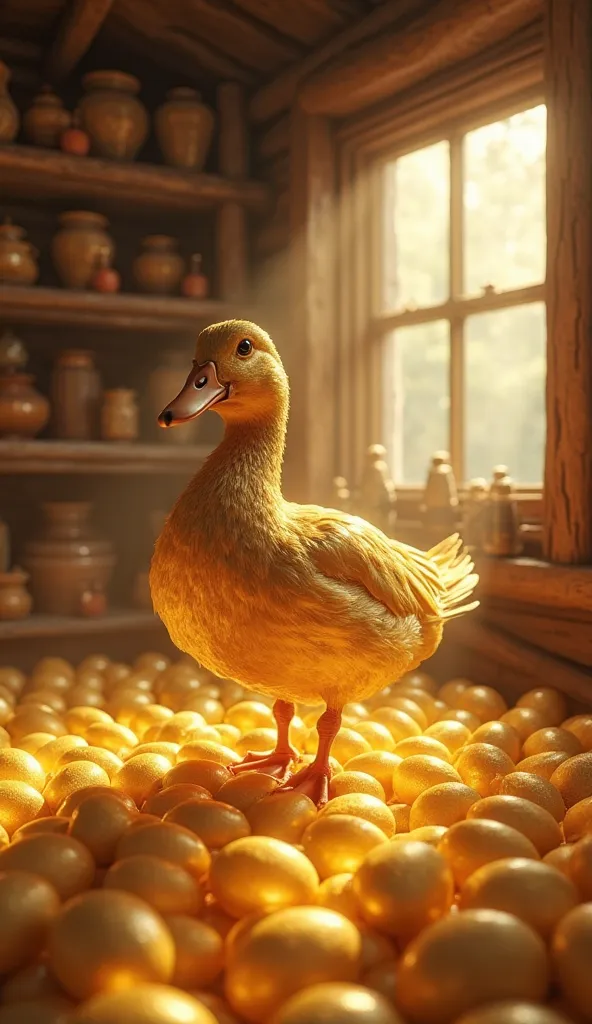 "A magnificent golden duck standing proudly on a vast pile of glowing golden eggs inside a cozy rustic cabin. The warm sunlight ...