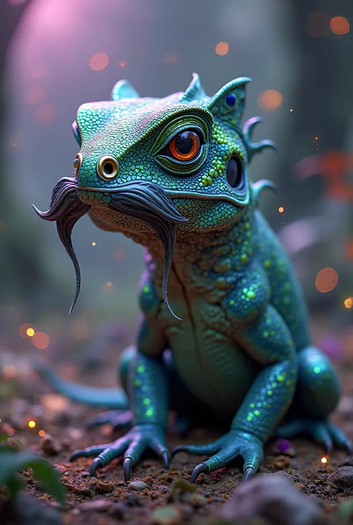 a mystical lizard with greenish colors, purple and blue, who has a mustache  