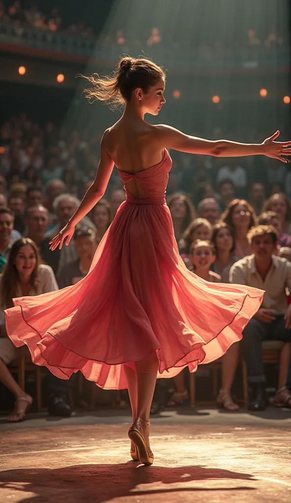 she is dancing in front of audience. Show audience in background