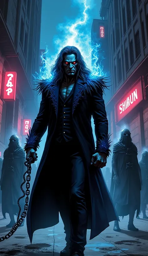 Hades, the god of the underworld, appears in a dark alley of a modern city, wearing a black suit with blue details and spectral ...