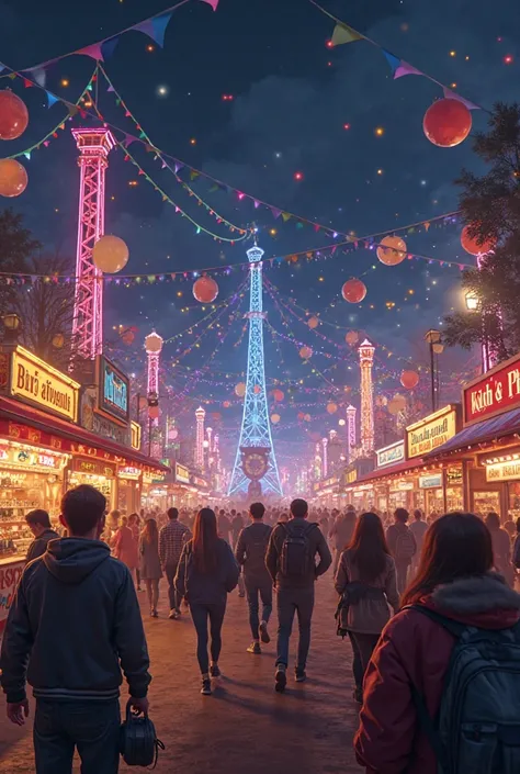 Nighttime Fair: The fair glowing with bright lights in the dark, people laughing, and the atmosphere filled with excitement.