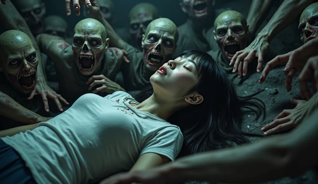 The lifeless body of a Japanese schoolgirl lies surrounded by a horde of zombies who are biting her in the dim light of night.  ...