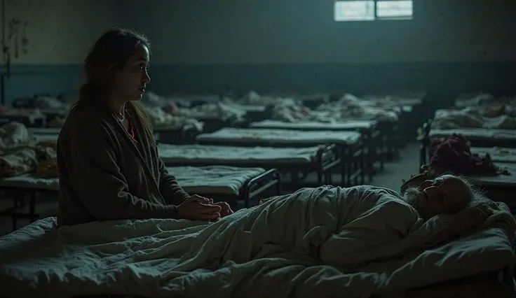 A dimly lit shelter filled with rows of cots. Lila sits beside her frail, sick father, who is lying on a cot covered with a thi...