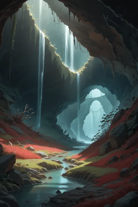 (dark scary cave with stones covered with red moss, water and black mucus flowing down the walls, underground streams with black...