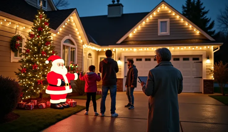 A cheerful Black family (husband, wife, and two s) decorating their home for Christmas at night. The house is covered in bright ...