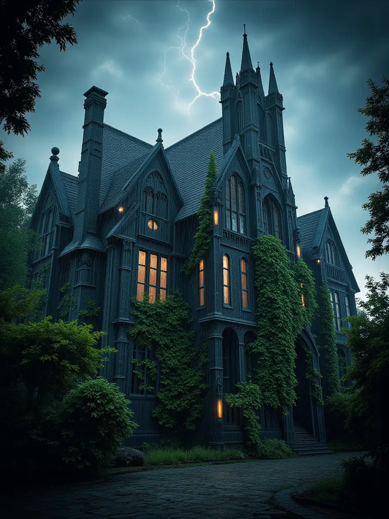  Raindrops are delicately dripping from the steep, slate-tiled roof of hauntingly beautiful gothic house with intricate, dark st...