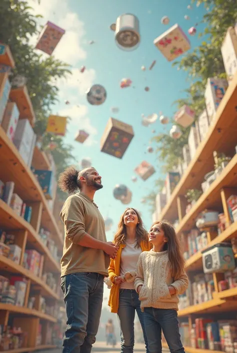 A happy family seeing various store objects floating, Inside a store
