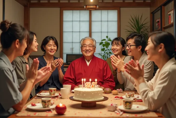 A realistic photograph of a Japanese grandfather celebrating his 60th birthday (kanreki) with his family. The 60-year-old grandf...
