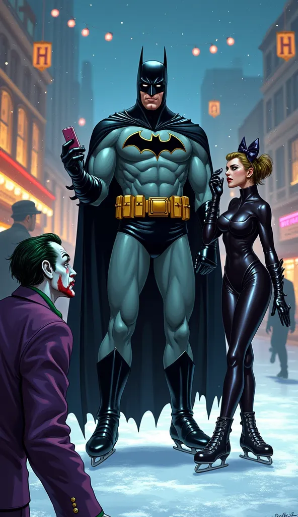 Hyper-realistic drawing style, Batman standing firmly on the ice, crushing Joker's phone in his hand with a determined expressio...