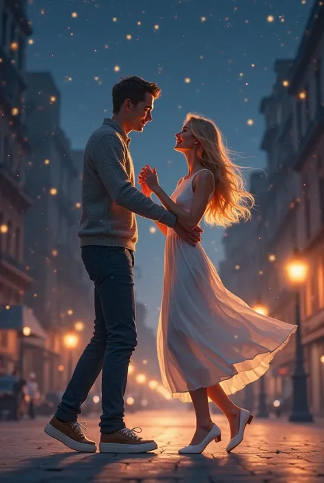 Male character in urban dress with sweater watching the stars, Next door a blond girl but wearing white shoes,the two characters...