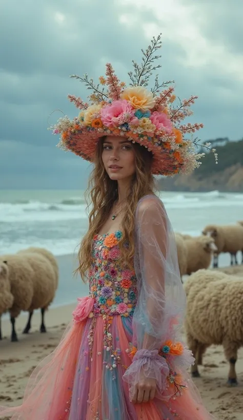 A woman wearing a vibrant and colorful hat in the style of a fairy godmother, adorned with ethereal details and soft textures. S...