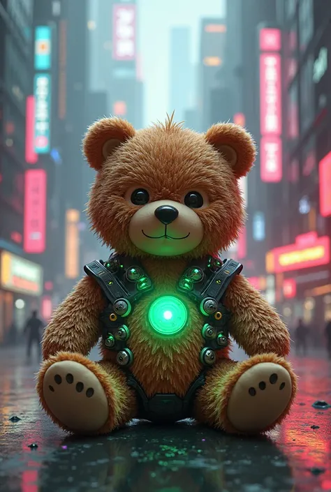 Create a cute cyberpunk bear with green details