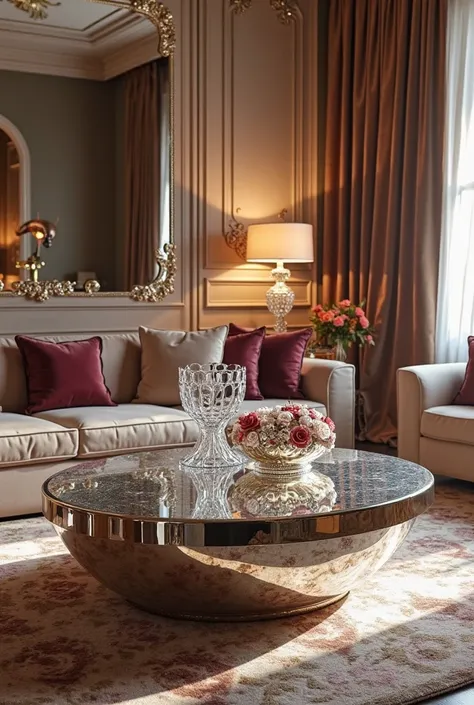 Generate a glamorous living room with mirrored furniture and accessories. Include a chic silver or gold coffee table, sleek mirr...