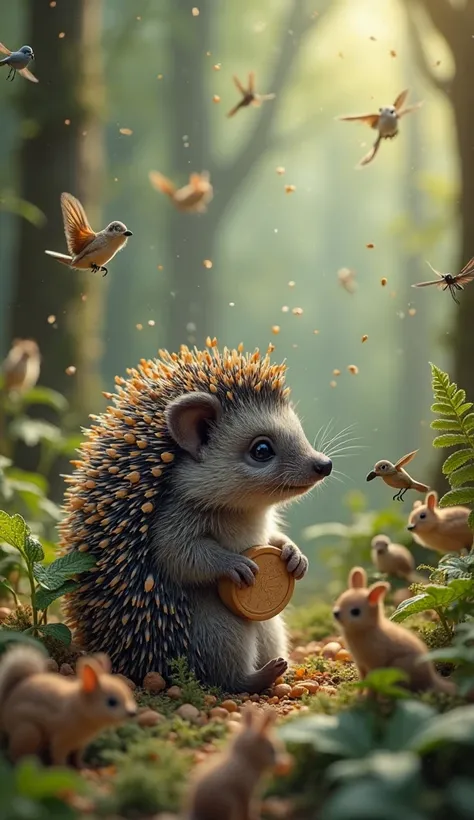 Small pieces of cork are placed on the thorns of a small hedgehog and surrounded by animals in the forest