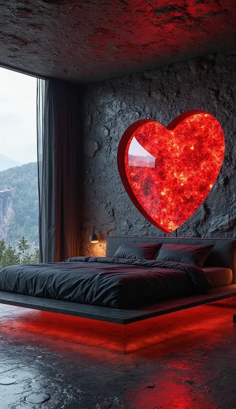 "A futuristic and luxurious bedroom featuring a modern floating bed with sleek black bedding, positioned against a rugged, dark ...