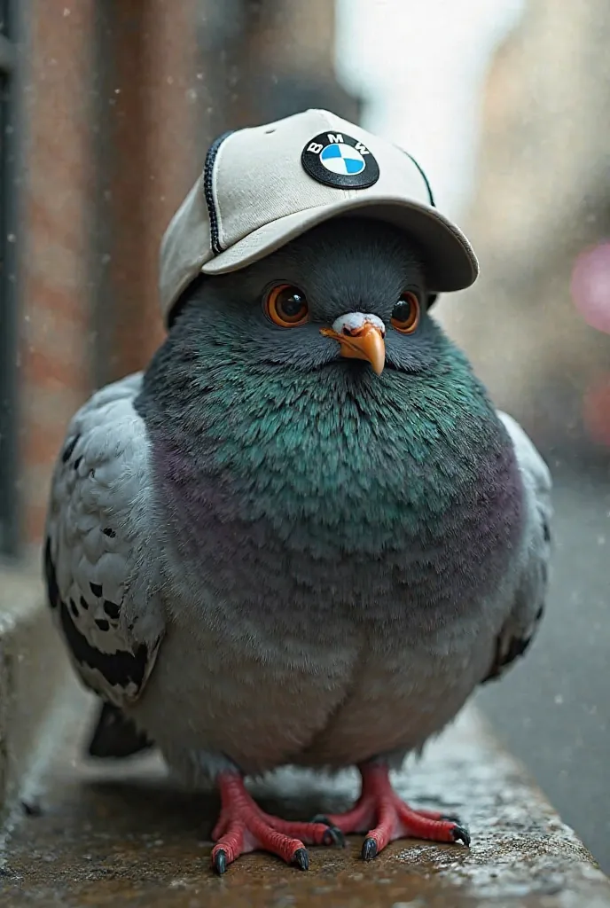 Very fat pigeon in a bmw cap 