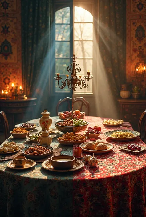 "A square-format split-image composition of two traditional Persian tablescapes.
On the left side, a beautifully arranged Ifta...