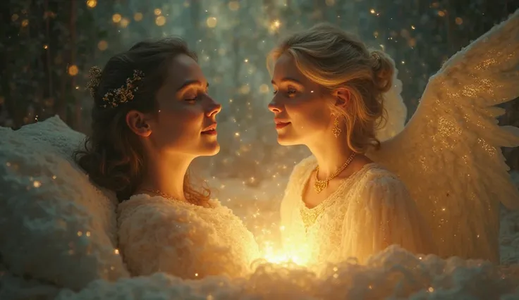 A woman opens their eyes in a dimly lit, mystical environment. Soft golden light beams surround them. In front of them, an man a...