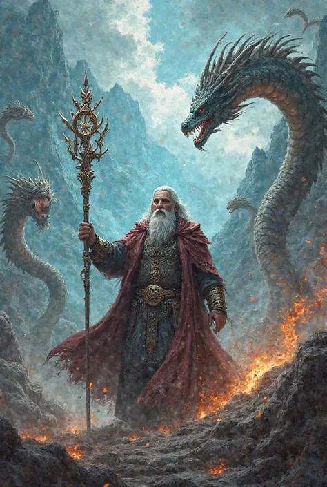 A wizard attacking dragons