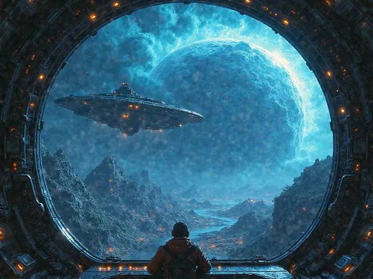 A futuristic spaceship hovers in orbit above Dora Omega, an alien world with swirling blue storms and imposing land masses cover...
