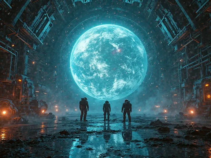 A breathtaking cinematic scene where astronauts stand on the edge of a room Colossal control deep below Dora Omega's surface. Gi...