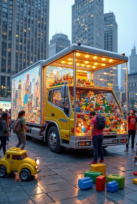 A real truck, large transparent covers a bustling city, displaying a detailed model of a metropolis made entirely of giant LEGO...