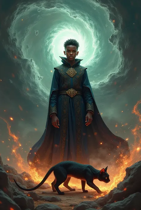 A human wizard, a young, black man, That controls time and space, With dragon scale clothes and with a cat's ear.