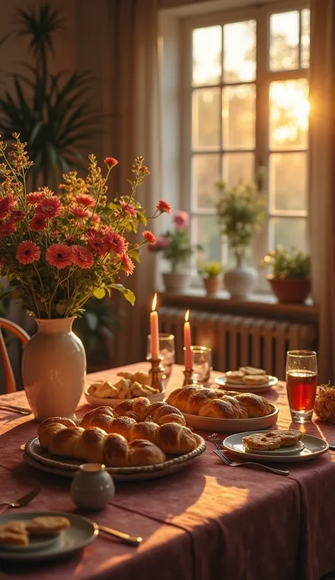 Creates a dreamlike, hyperrealistic cinematic image of a Shabbat table with challah breads, a beautiful vase of flowers, Haman e...