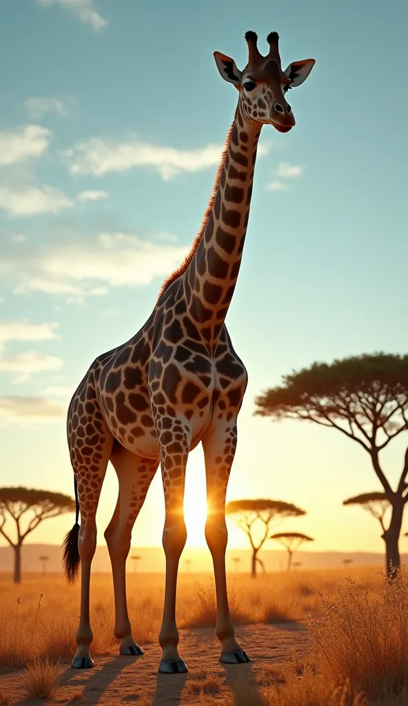 A hyper-realistic adult giraffe standing majestically in the golden savanna, bathed in warm sunlight. Its long, muscular neck st...