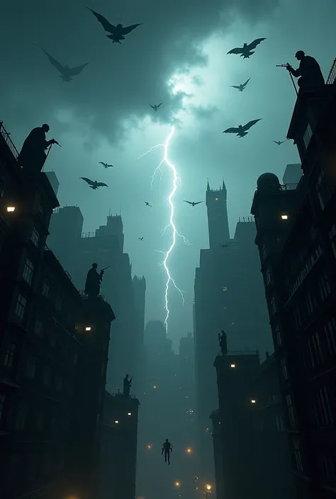 "A city in complete chaos under a dark and stormy sky, with dense clouds and lightning illuminating the scene. Bats fly in flock...