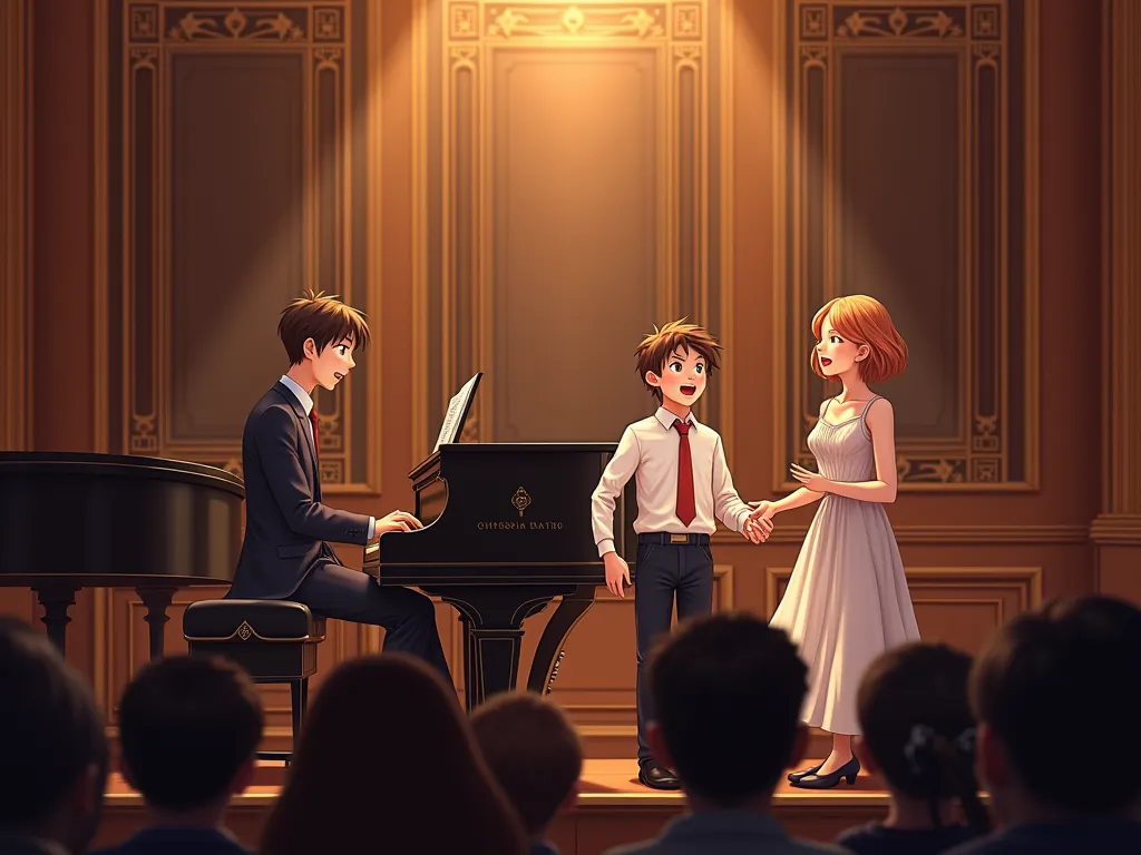 Generate me an illustration of a man playing the piano, two boys singing and a young lady singing
At a student recital