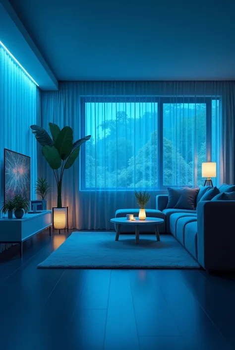 A modern and smart home, illuminated by soft blue light, with technology elements such as holograms, voice assistants and connec...