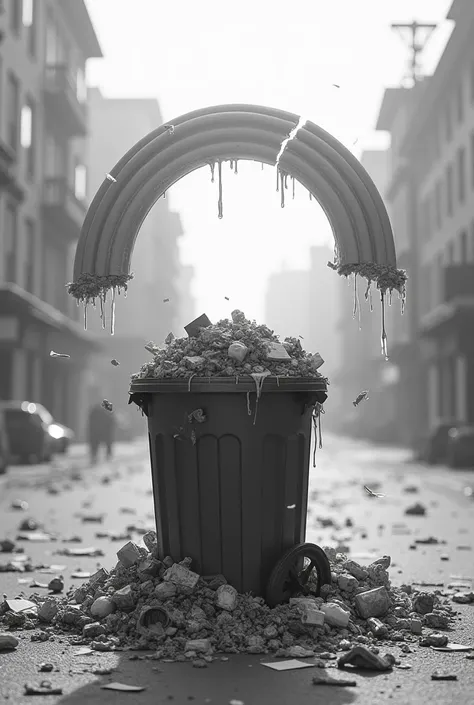 Broken black and white rainbow in search of trash overflowing from trash can