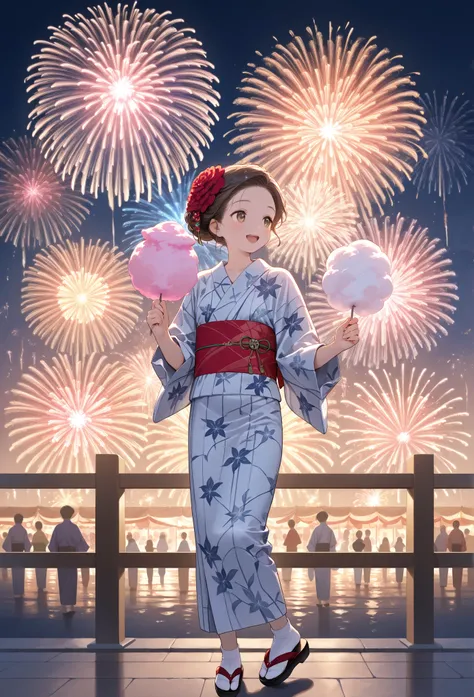 young ,yukata, socks,fair,Holding cotton candy, Fireworks ,date,Ladylike,Short length,Parent and ,