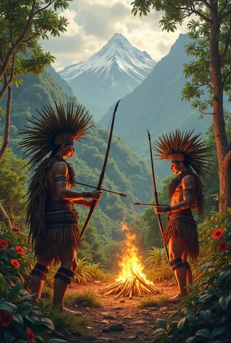 image of native warriors, in a rainforest full of flowers and gold treasures, Let the Sierra Nevada de Santa Marta be in the bac...
