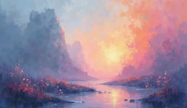 make a vague image with impressionist features with light shades of blue, very bright orange , pink and lilac. make the pictur...
