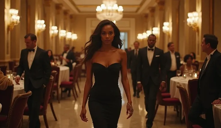A cinematic, hyper-realistic scene of Selena Carter walking gracefully through the luxury restaurant, her posture poised yet awa...