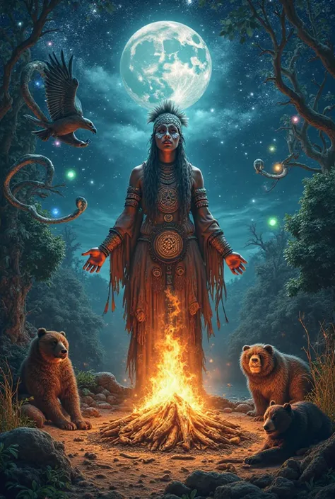 A mystical shamanic scene, with a shaman with a painted face and traditional clothing, surrounded by lush nature, spiritual anim...
